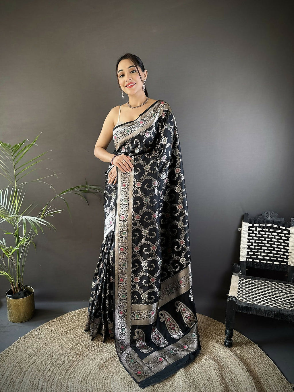 Joban Fashion Black Meenakari Banarasi Silk Sarees | Grocsy