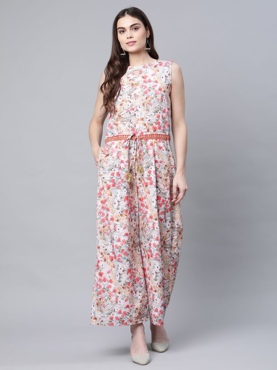 Ahalyaa Womens Pink Crepe Digital Print Floral Jumpsuit | Grocsy