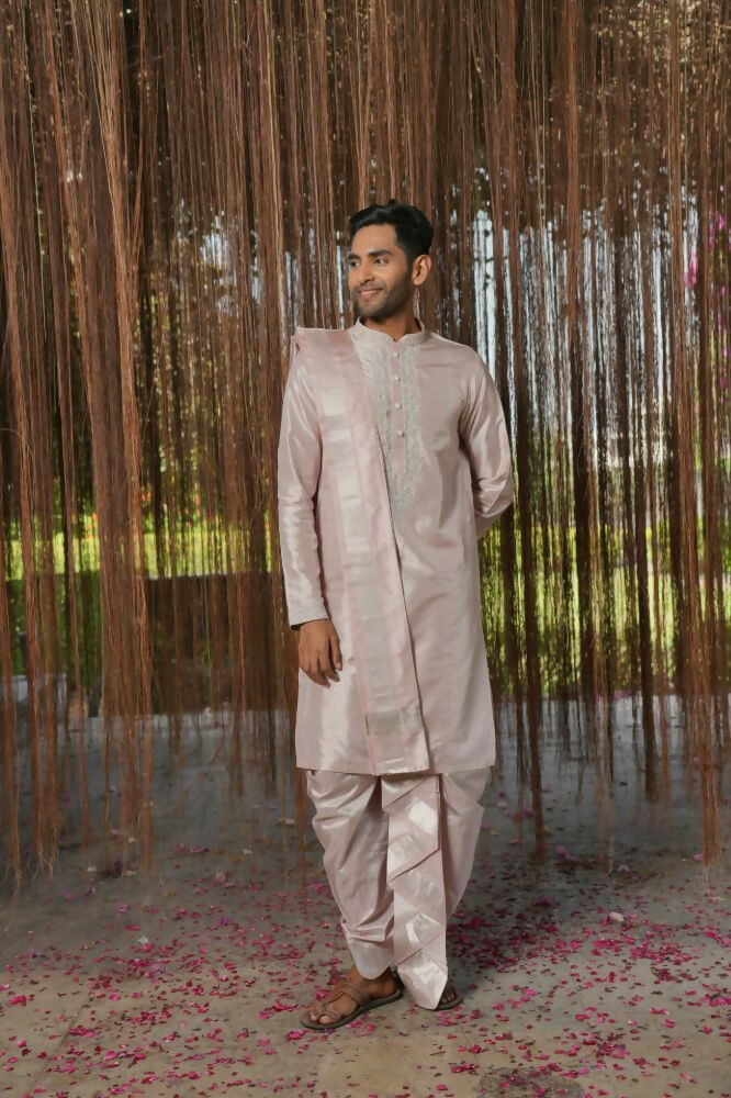 Sandstone Kanjivaram Machien Embroidered Pattu Set by Hilo Design | Grocsy