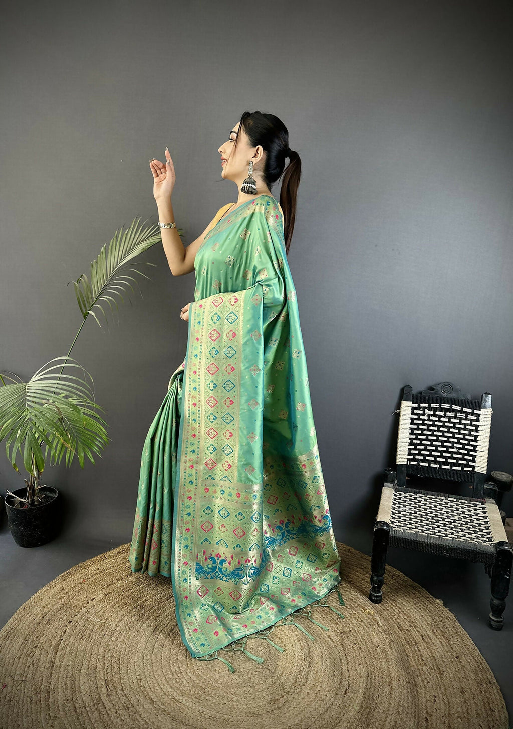 Joban Fashion Sea Green Geometric Pattern Soft Silk Patola Saree | Grocsy