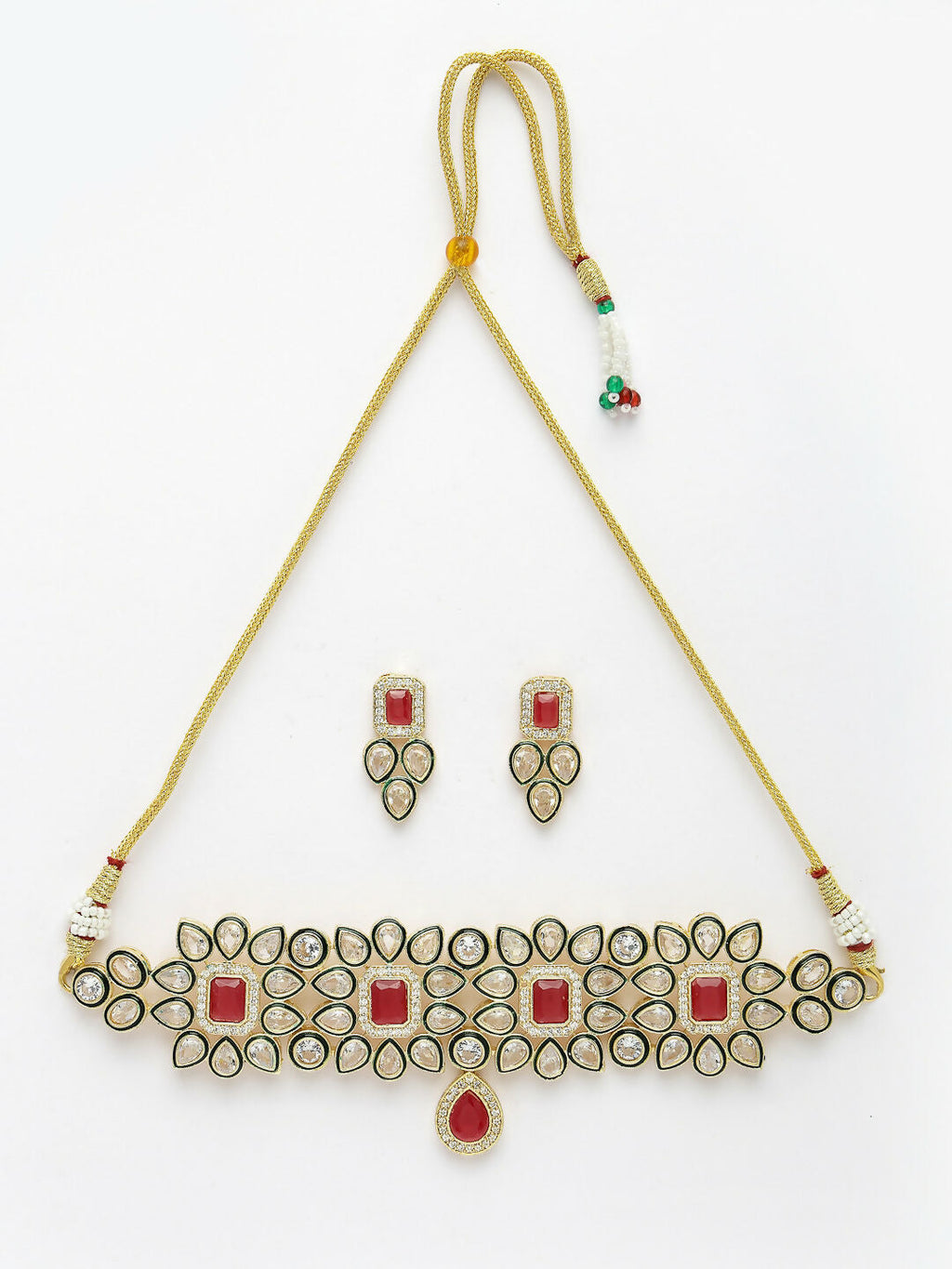 NVR Women's Red & Gold Kundan Studded Handcrafted Choker Jewellery Set | Grocsy