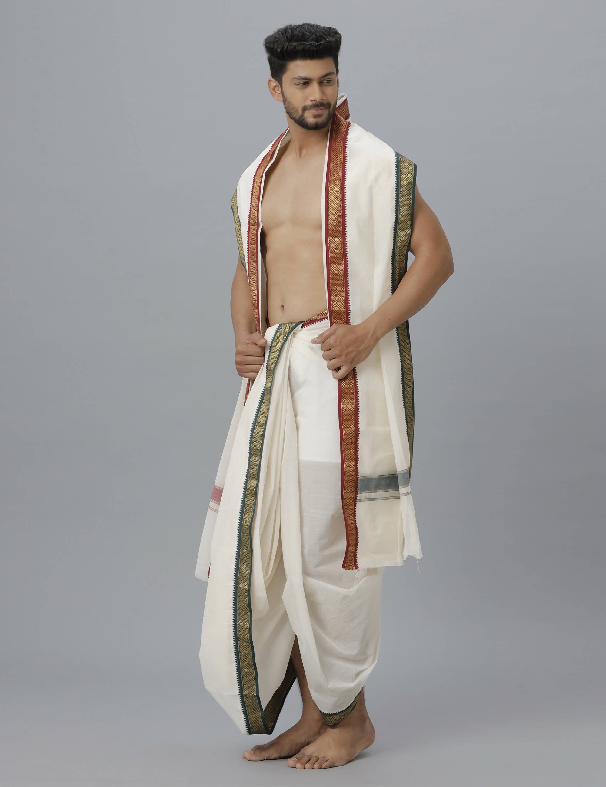 Indian Clothing Ramraj Cotton Mens Pure Cotton 5 Khan Jari 9 + 5 Kora Panchakacham Dhoti With Angavastram Set | Grocsy