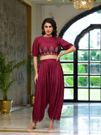 Juniper Women's Rust Thread Embroidered Rayon Top & Dhoti Pant Set | Grocsy