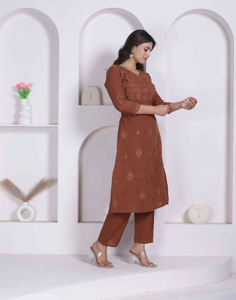 Miravan Womens Brown Floral Printed Angrakha Style Kurta With Palazzo | Grocsy