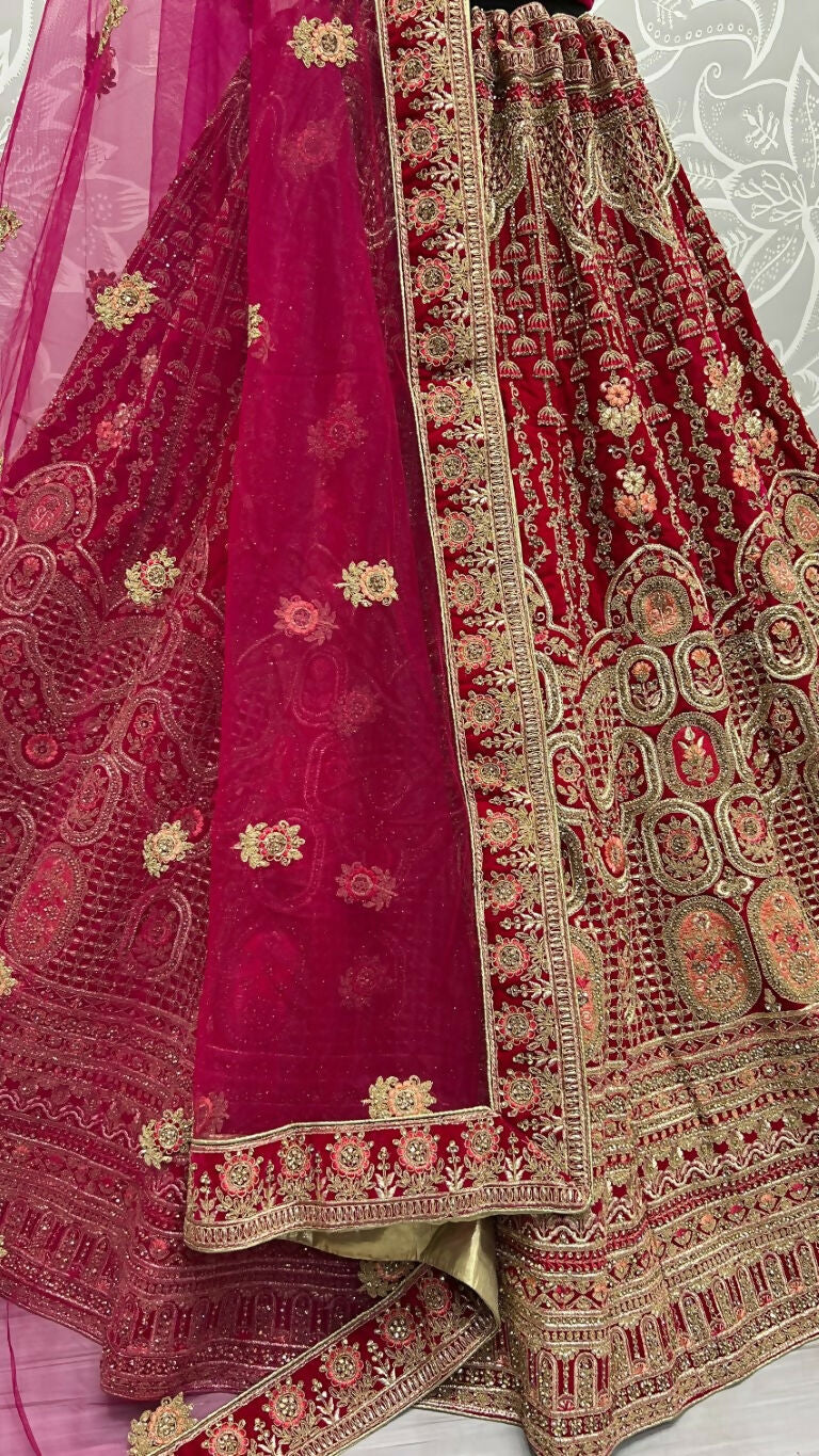Jyoti Fashion Women's Rani Pink Velvet Multi Thread Embroidered with Zircon Diamond Wedding Lehenga Choli | Grocsy