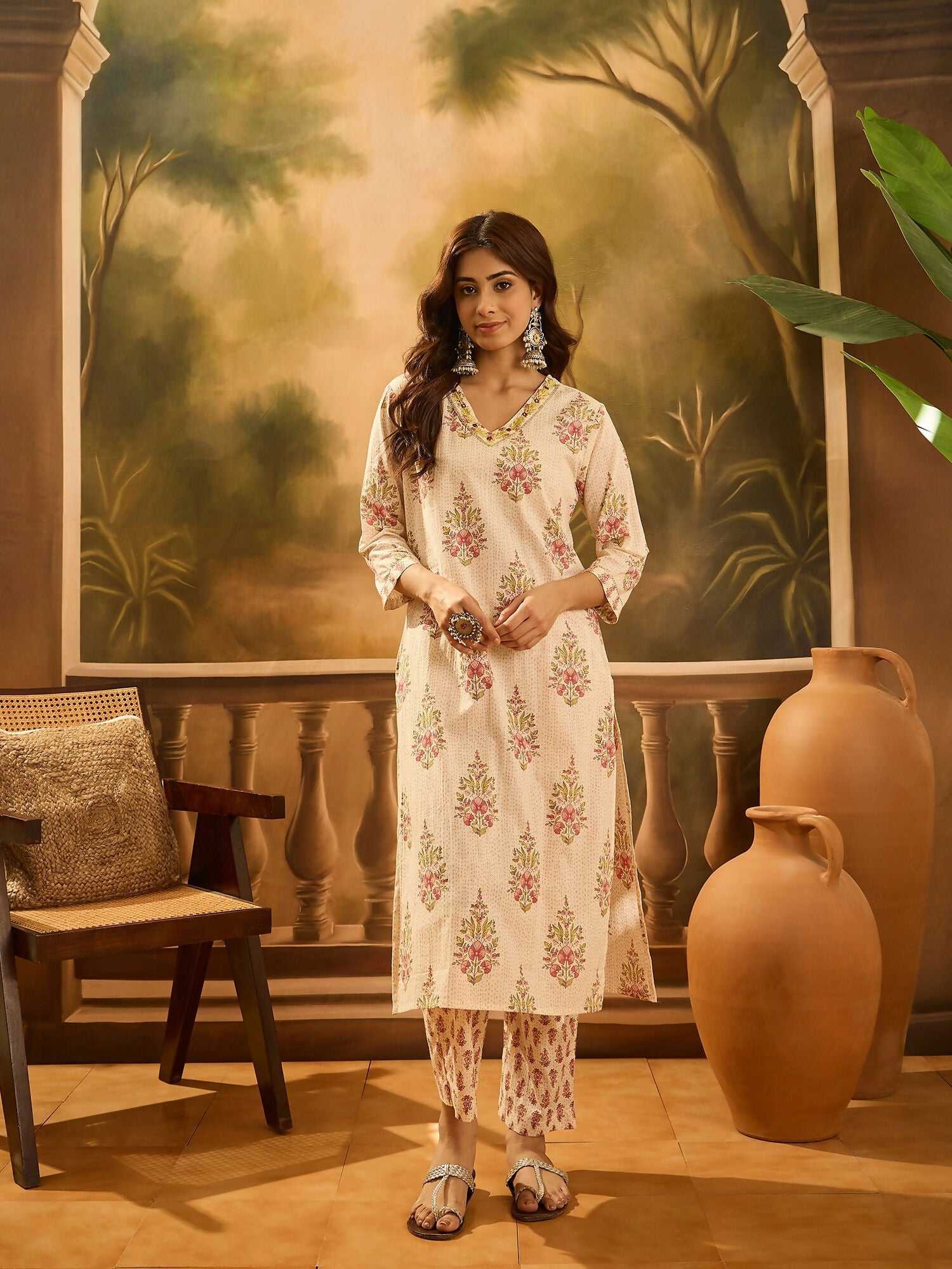 Joban Fashion Printed Cream Pure Cotton Kurta Set | Grocsy