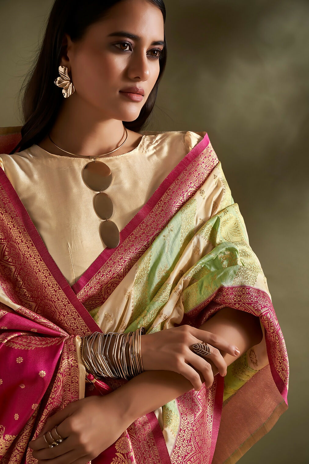 Joban Fashion Cream & Sea Green Plain With Weaving Border Banarasi Silk Sarees | Grocsy
