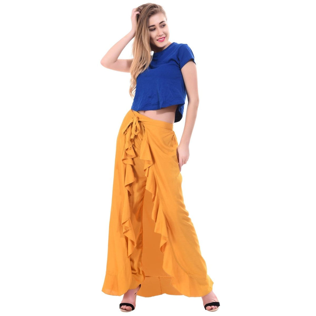 Asmaani Mustard Color Plain Ruffle Palazzo | Grocsy