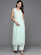 Ahalyaa Women Floral Embroidered Regular Kurta with Palazzos - Blue Color | Grocsy