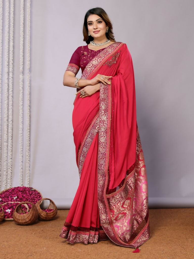 Pink Dual Tone Silk Georgette Thread Zari And Cord Embroidery Handwork Butta Saree - Norita Saumya | Grocsy