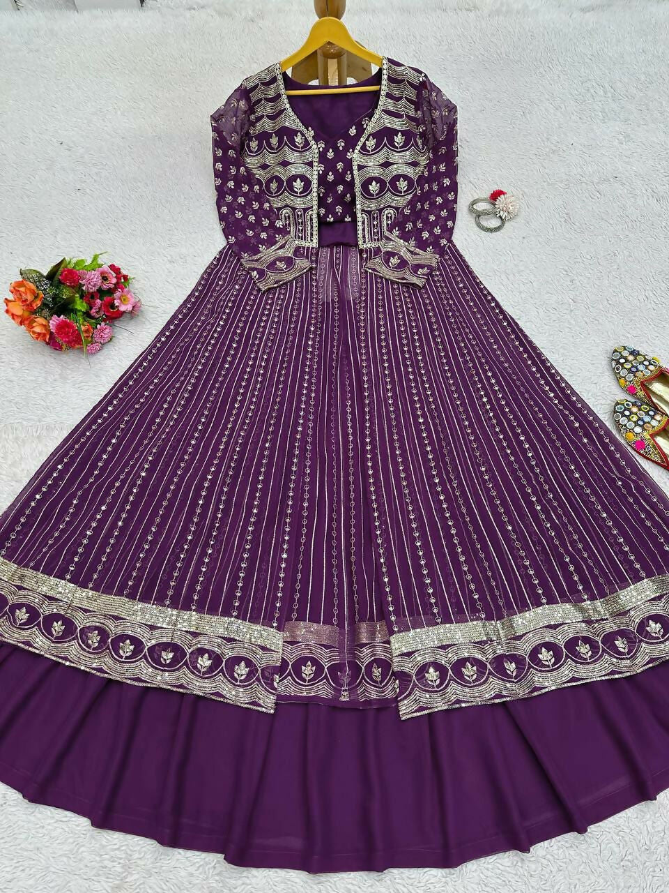 Jyoti Fashion Women's Wine Faux Georgette Sequins with Thread Embroidered Designer Lehenga Choli with Shrug Set | Grocsy