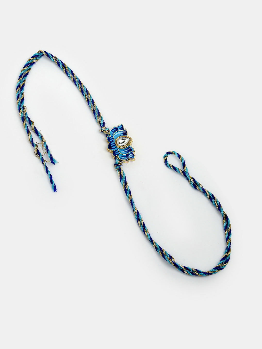 NVR Women & Men Set of 2 Blue Lotus Shape Kundan-Studded & Beaded Handcrafted Wraparound Rakhi Set With Roli Chawal | Grocsy