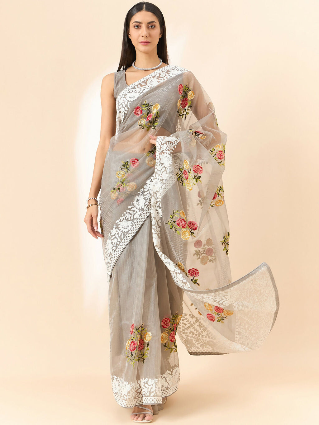 Grey Organza Floral Embroidered Saree with Unstitched Blouse Piece - Roozal | Grocsy