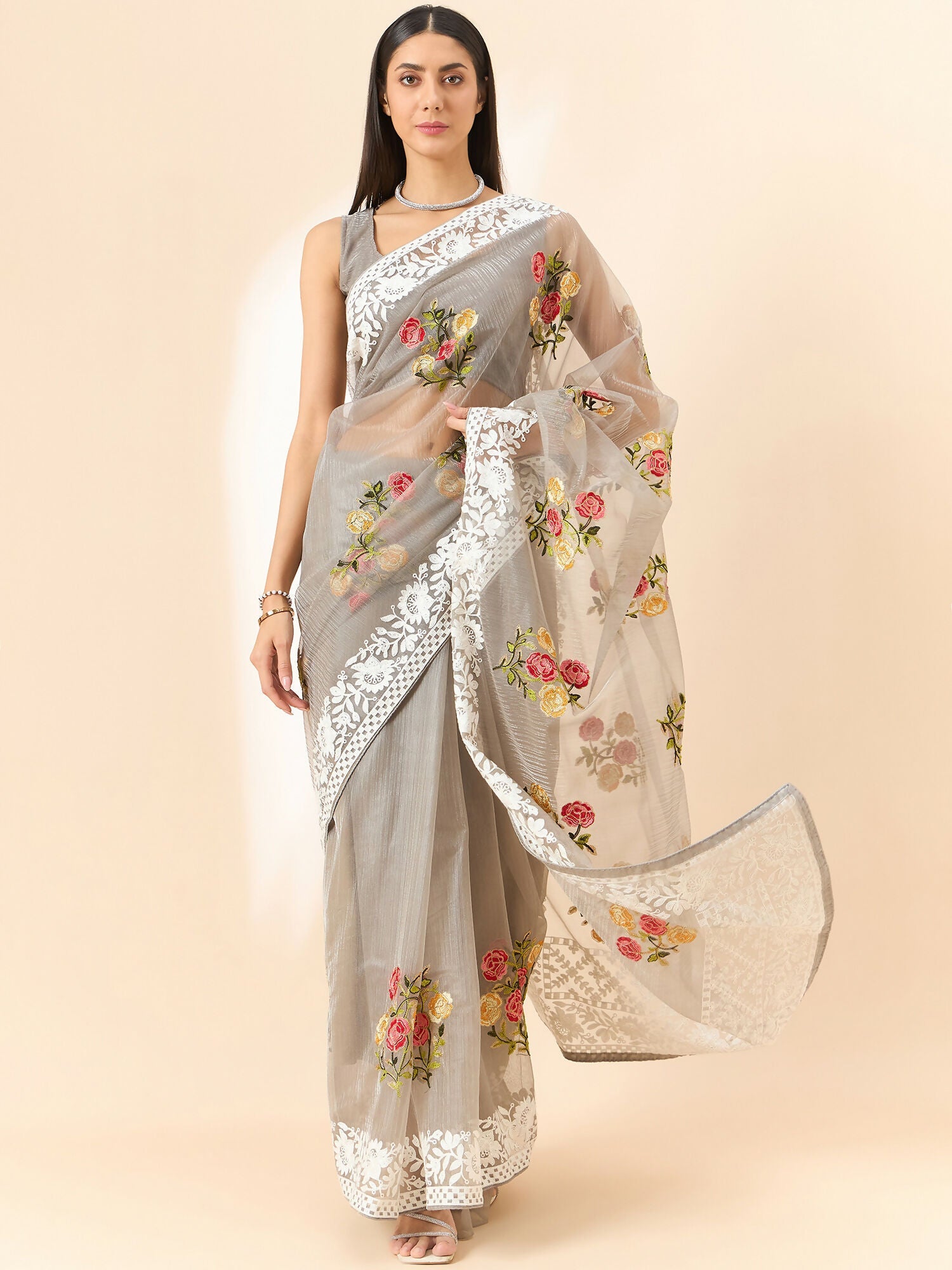 Grey Organza Floral Embroidered Saree with Unstitched Blouse Piece - Roozal | Grocsy