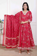 Miravan Women's red Embroidered Anarkali Kurta and Dupatta  | Grocsy