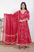 Miravan Women's red Embroidered Anarkali Kurta and Dupatta  | Grocsy