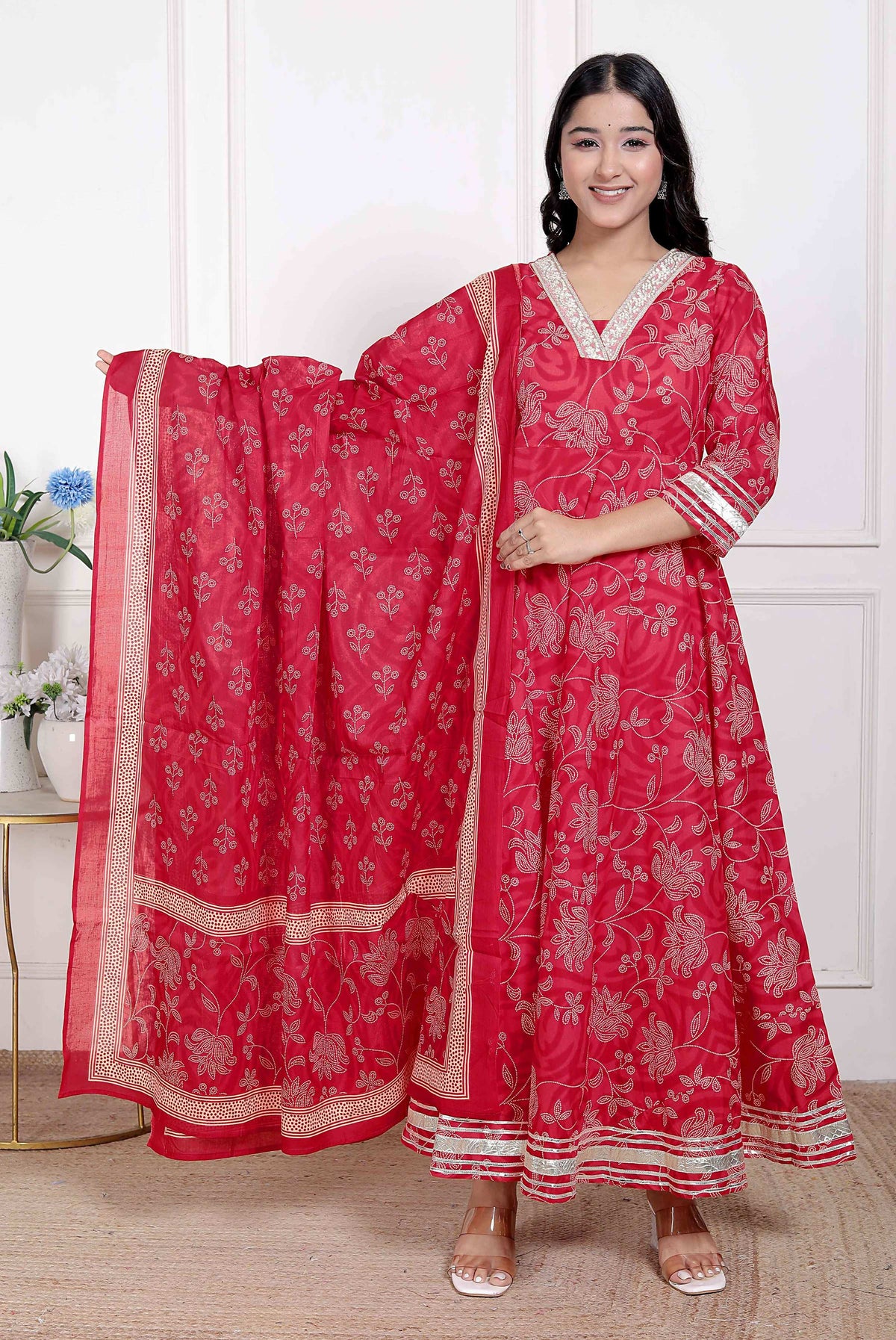 Miravan Women's red Embroidered Anarkali Kurta and Dupatta  | Grocsy