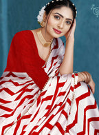Red Japan Satin Stripe Printed Saree With Unstitched Blouse Piece - Laavanya | Grocsy