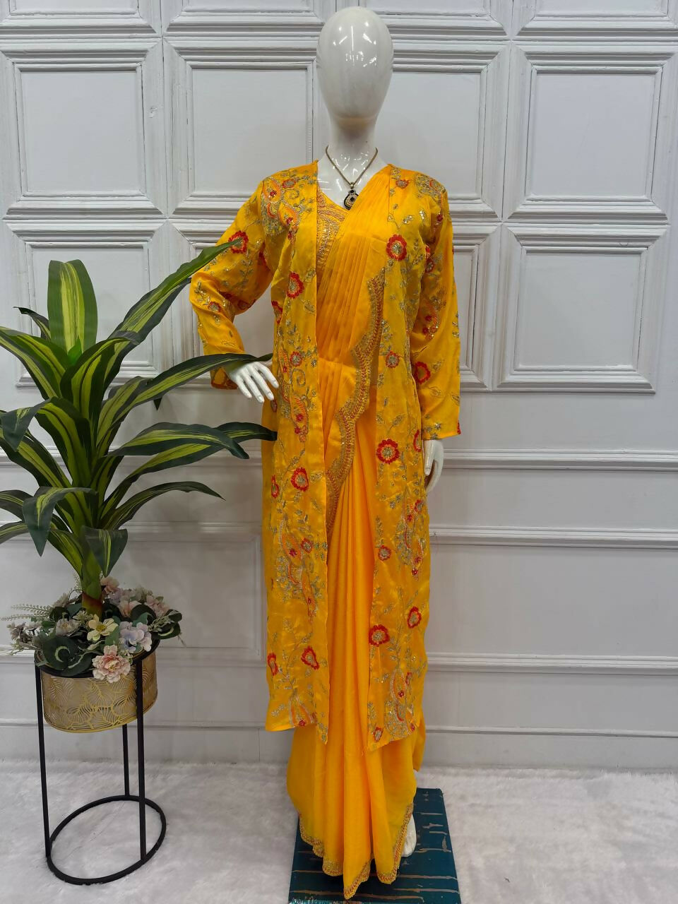 Teeya Creation Yellow Color Chinon Silk Designer Embroidery Work Ready To Wear Saree With Koti | Grocsy