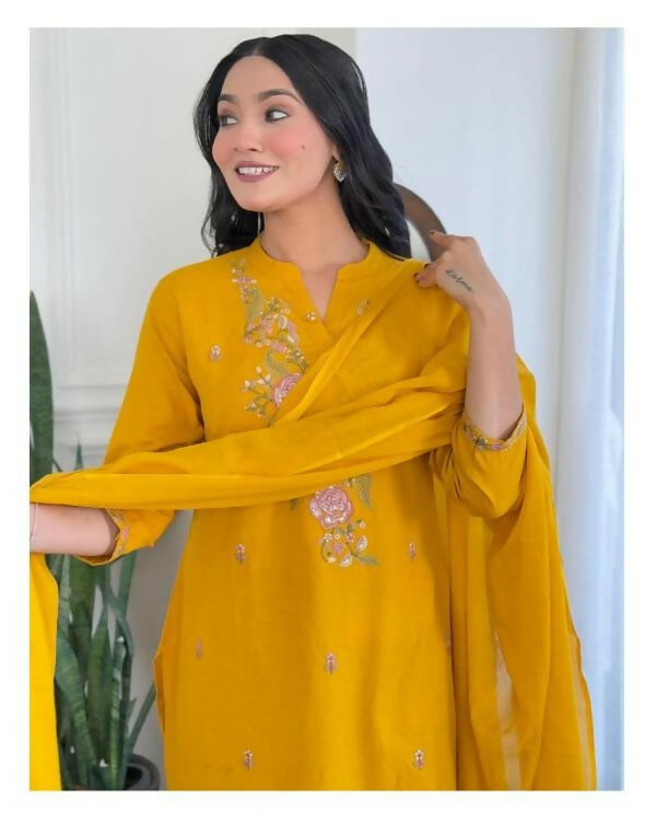 The52 Women's Beautiful Rayon Slub Fabric Embroidery Work Straight Kurta Pant and Dupatta Set | Grocsy