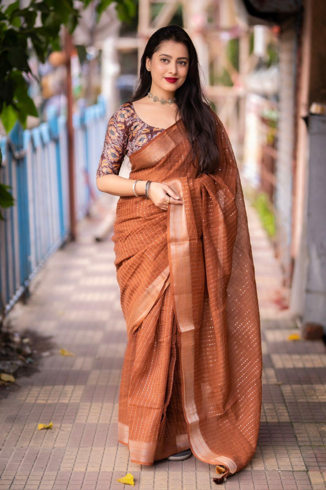 Brown Linen Sequence Saree with Unstitched Blouse - Hiral Fashion | Grocsy