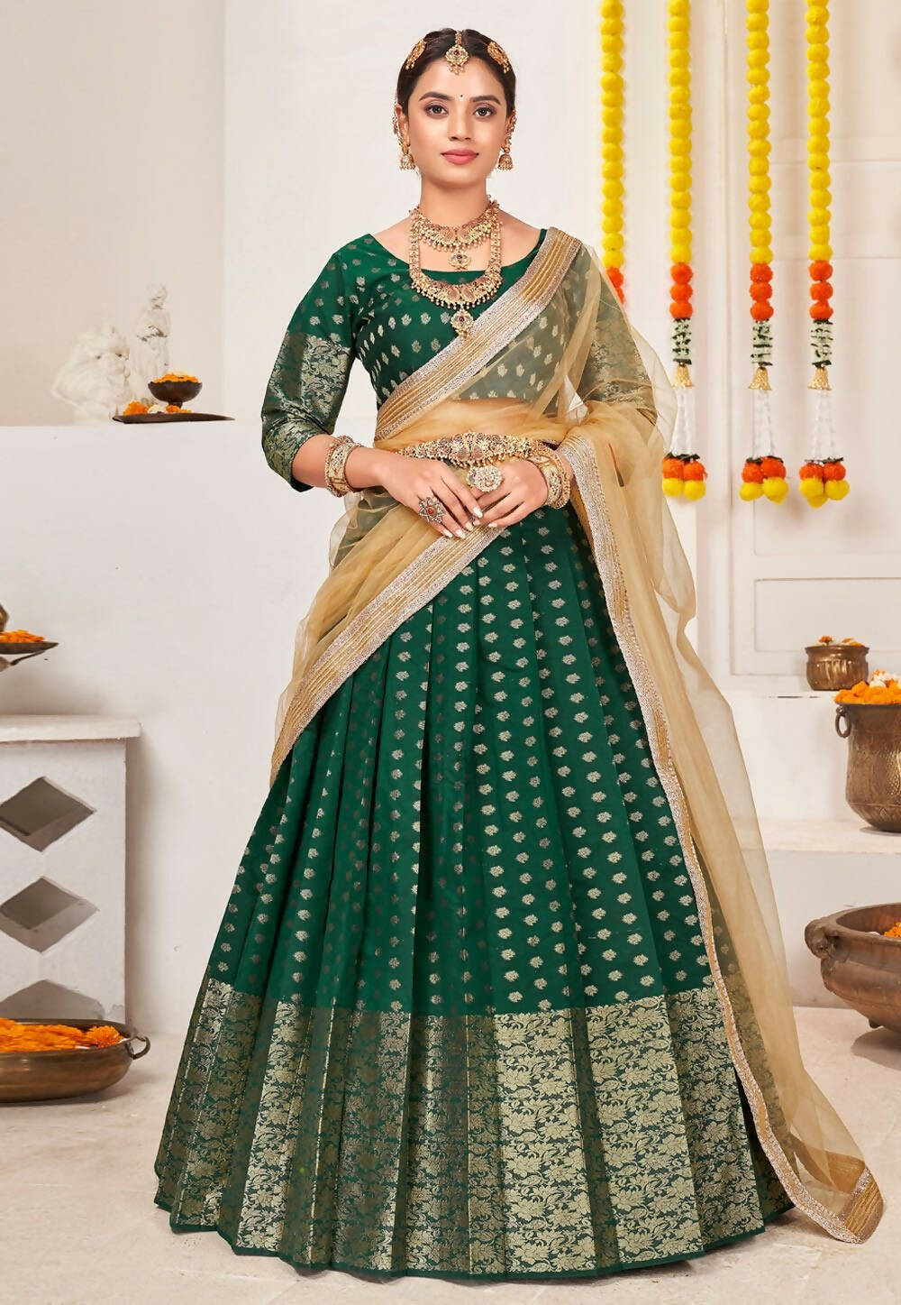 DEIANA'S Beautiful Jackquard Weaving Lehengha Choli - Green | Grocsy
