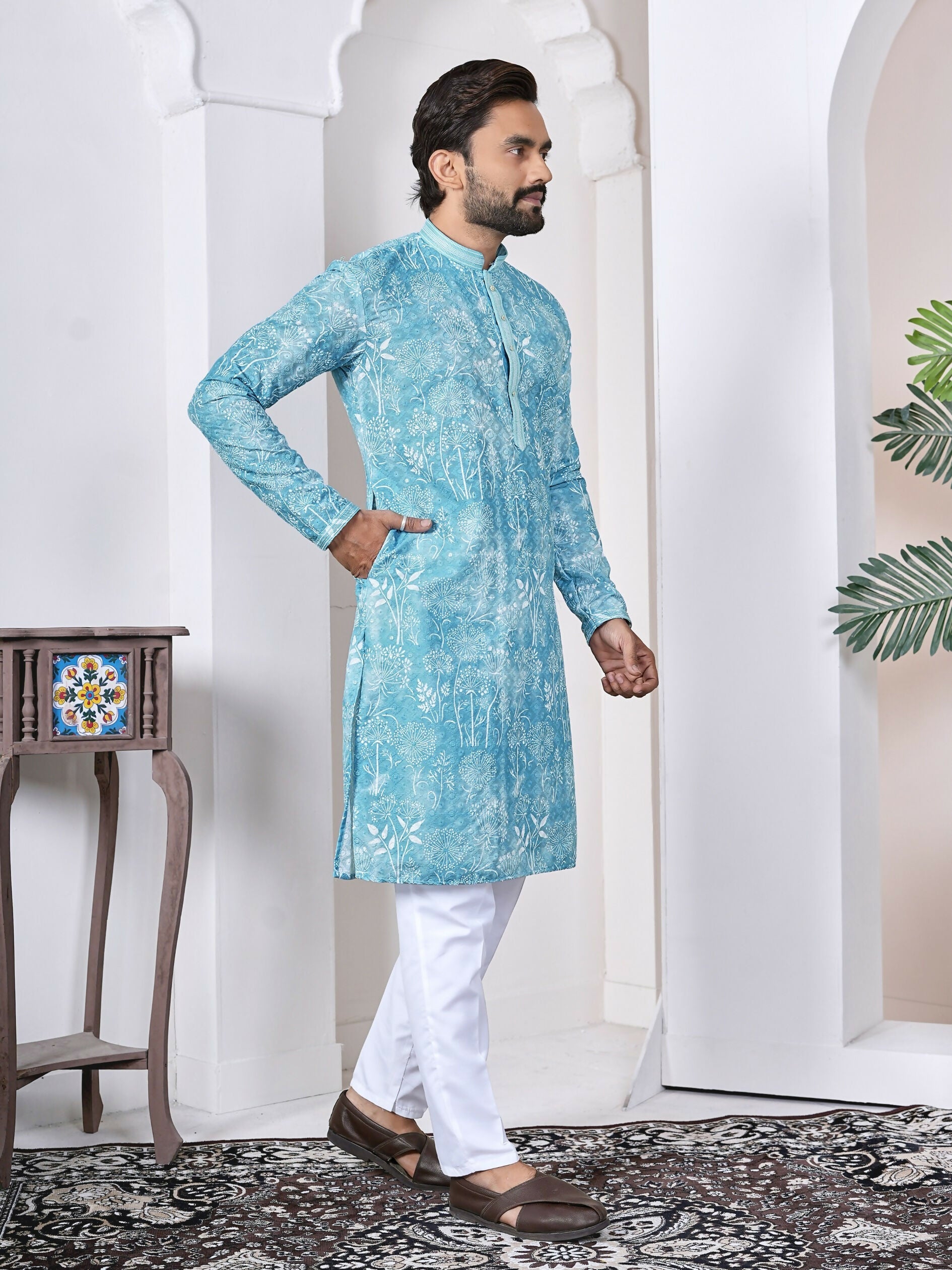 Anaita Sky Blue Digital Printed Work Cotton Straight Kurta | Grocsy