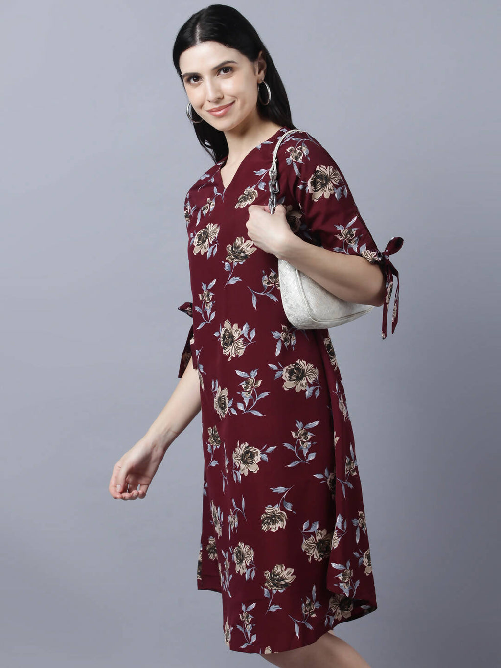 Myshka Women Burgundy Beige Floral Print A-line Dress | Grocsy