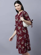 Myshka Women Burgundy Beige Floral Print A-line Dress | Grocsy