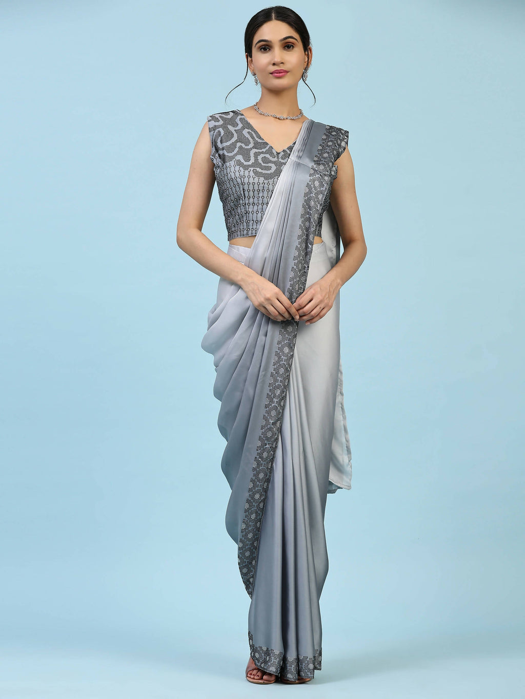Grey Ombre Satin Georgette Plain Ready to wear Saree with stitched Blouse - Vrinda | Grocsy