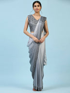 Grey Ombre Satin Georgette Plain Ready to wear Saree with stitched Blouse - Vrinda | Grocsy