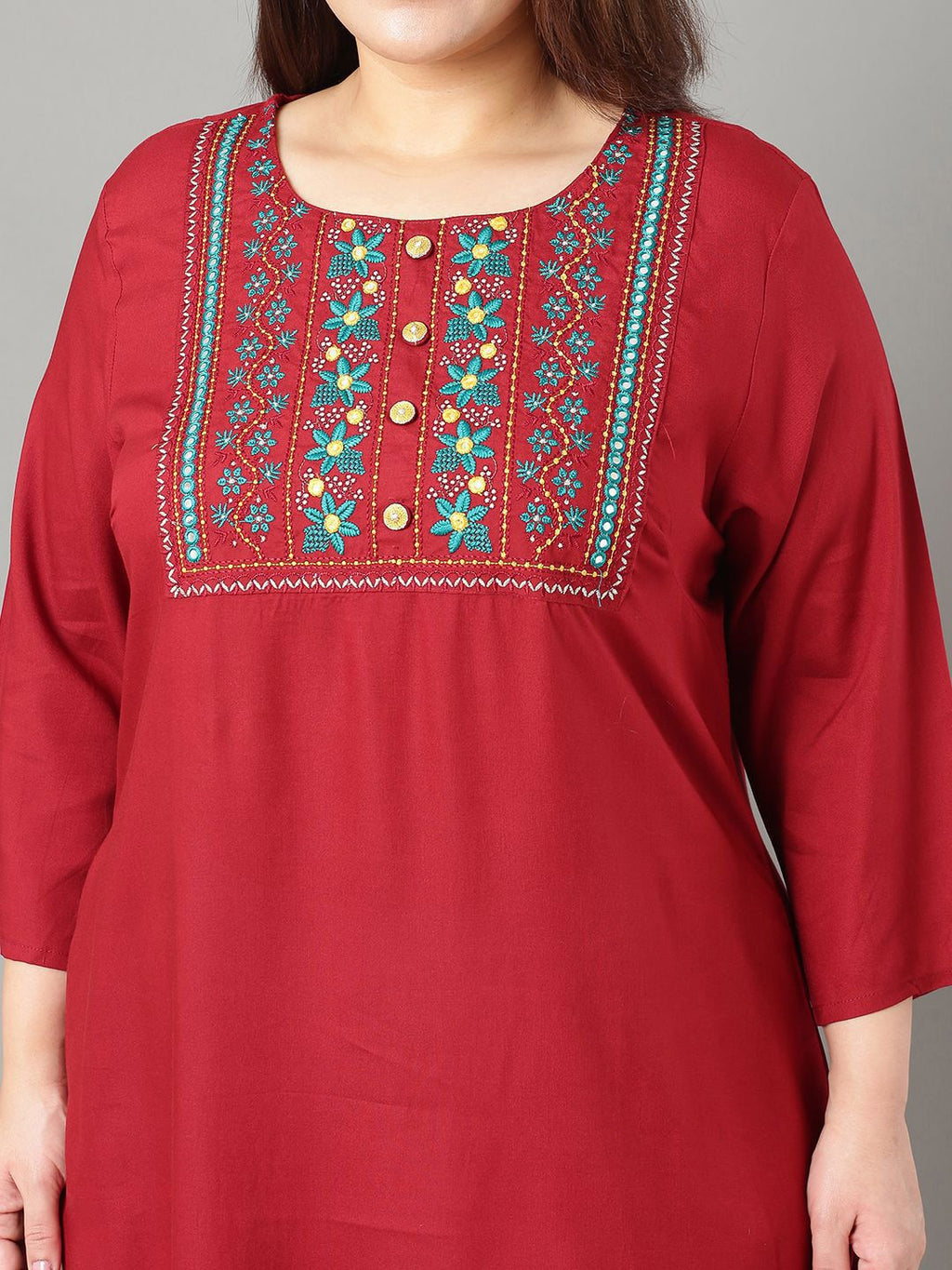 Sztori Plus Size Floral Yoke Design Straight Kurta | Grocsy