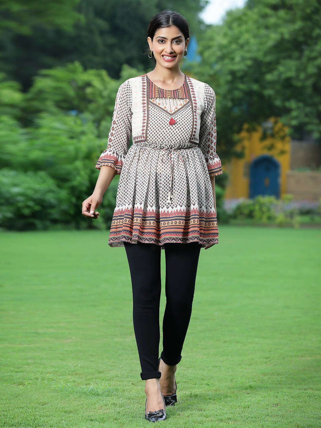 Juniper Women's Ivory Georgette Geometric Printed Tunic | Grocsy
