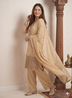 Teeya Creation Designer Beige Festive Palazzo Suit Set with Heavy Embroidery | Grocsy