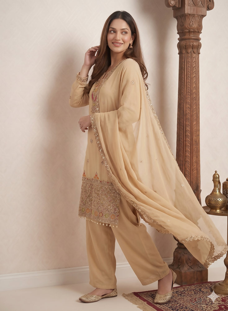 Teeya Creation Designer Beige Festive Palazzo Suit Set with Heavy Embroidery | Grocsy
