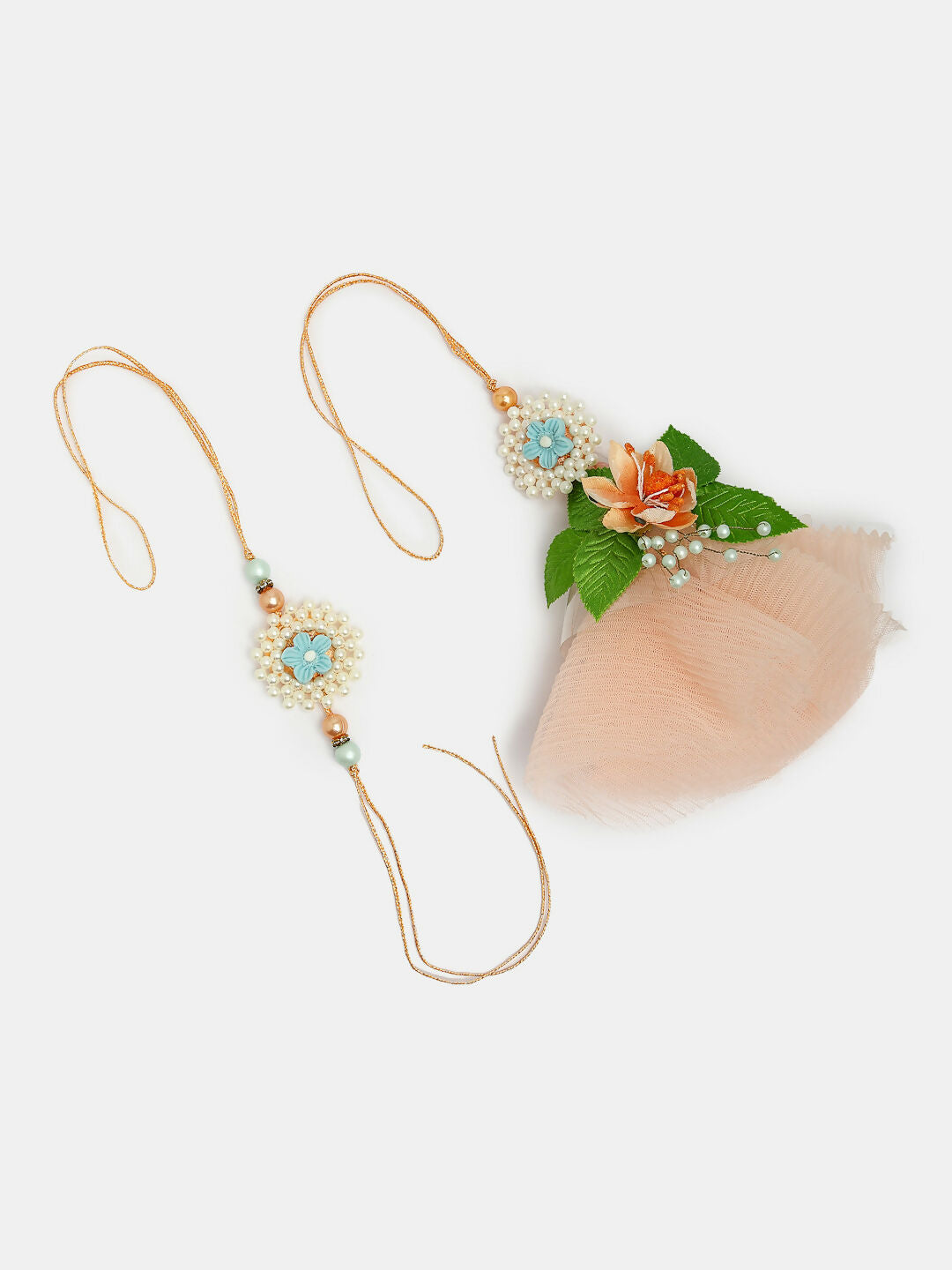 NVR Women & Men Set of 2 Peach Floral Design Pearl Beaded Bhaiya Bhabi Rakhi With Roli Chawal | Grocsy