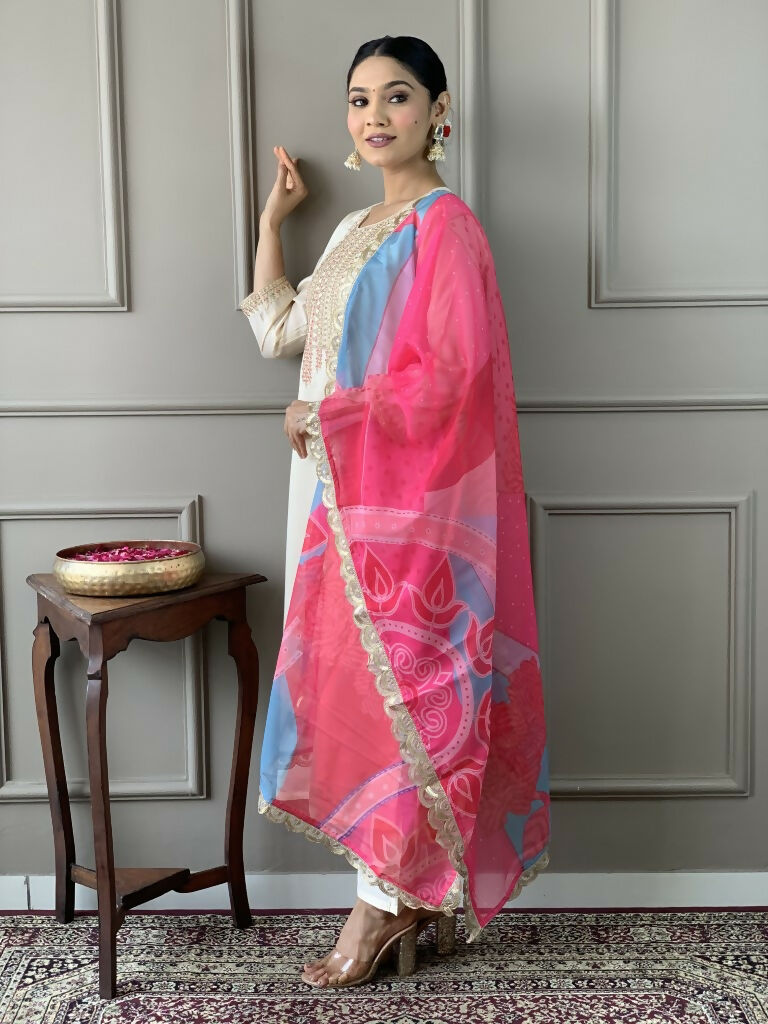 White Viscose Chanderi Stitched Suit With Dupatta - Tanisha | Grocsy
