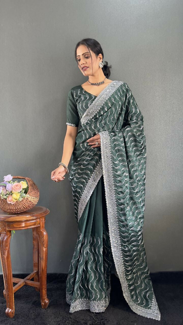 Vastranavya Sea Green Chinnon Silk Embroidery Multi Sequence & Arco Cut Work Ready to Wear Saree | Grocsy