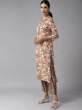 Yufta Brown & Off White Floral Print Kurta with Trousers and Dupatta Set | Grocsy