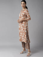Yufta Brown & Off White Floral Print Kurta with Trousers and Dupatta Set | Grocsy