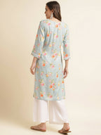 Blue Poly Rayon Floral Printed Straight Kurta - Prasuti | Grocsy