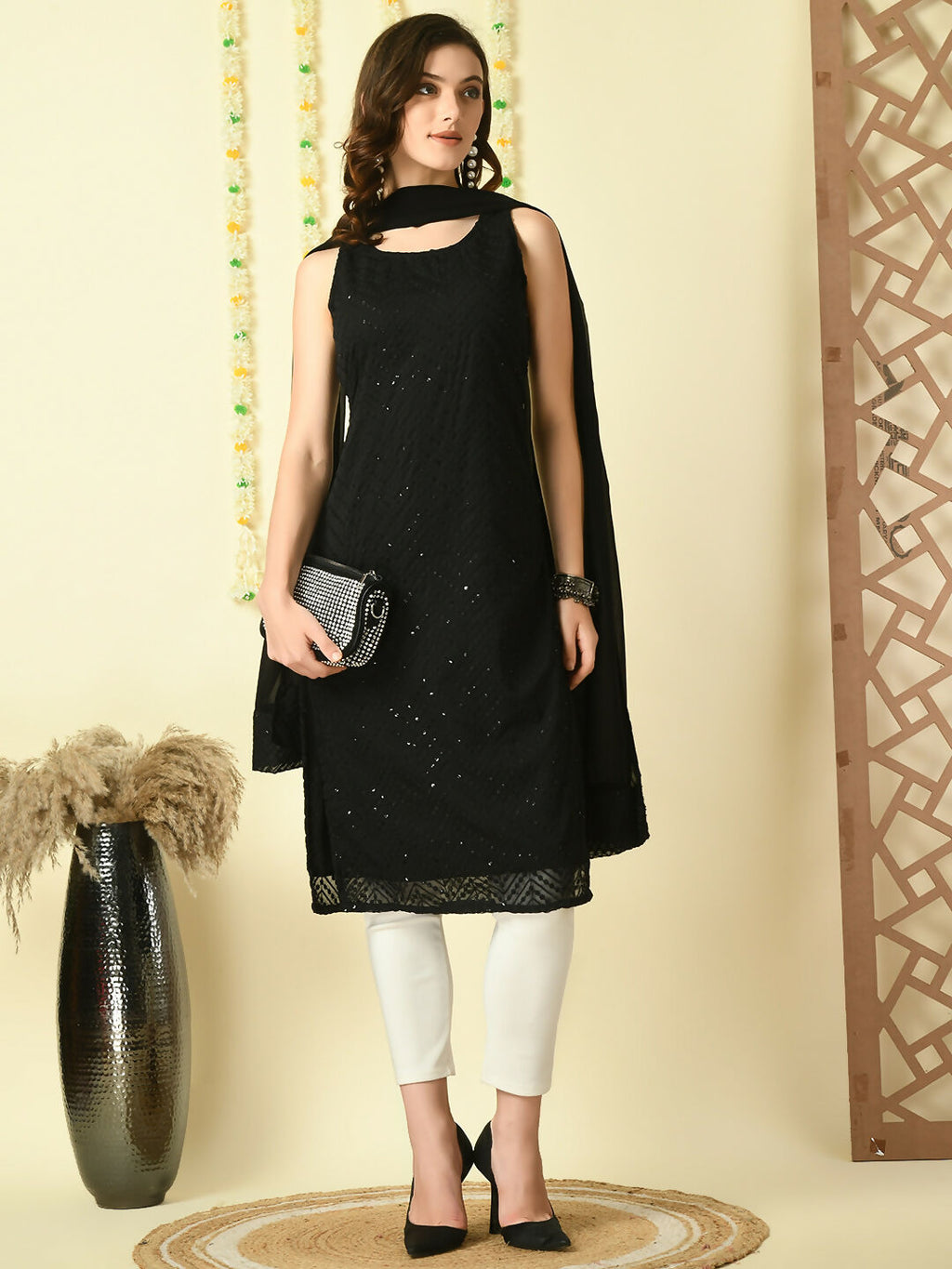 Myshka Women's Black Georgette Sleeveless Straight Party Kurta With Dupatta Set | Grocsy