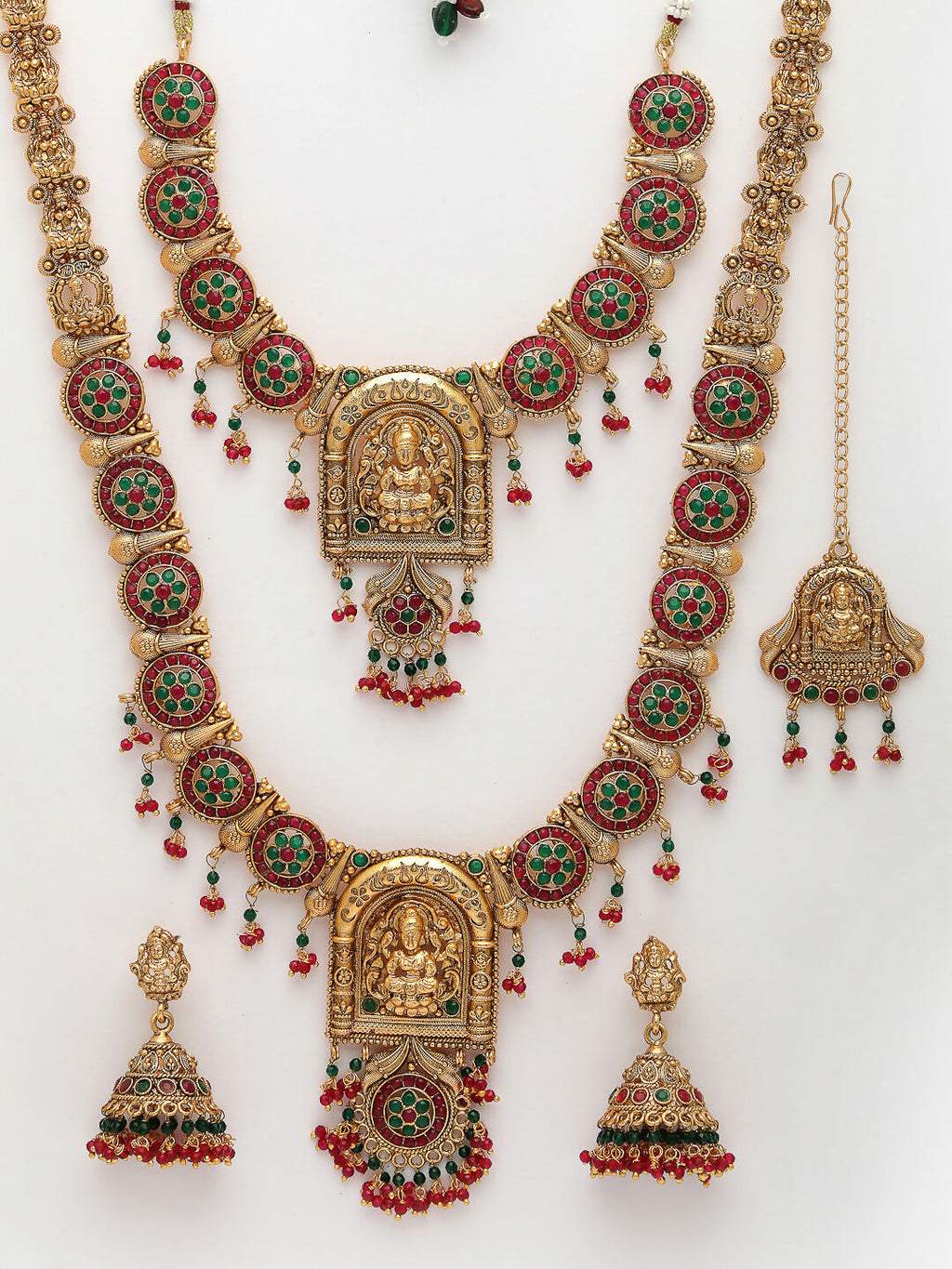 NVR Women's Set of 2 Gold-Polished Green & Red Stone Studded Lakshmi Design Temple Jewellery Set with Maangtikka | Grocsy