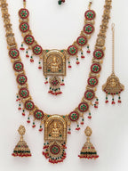 NVR Women's Set of 2 Gold-Polished Green & Red Stone Studded Lakshmi Design Temple Jewellery Set with Maangtikka | Grocsy