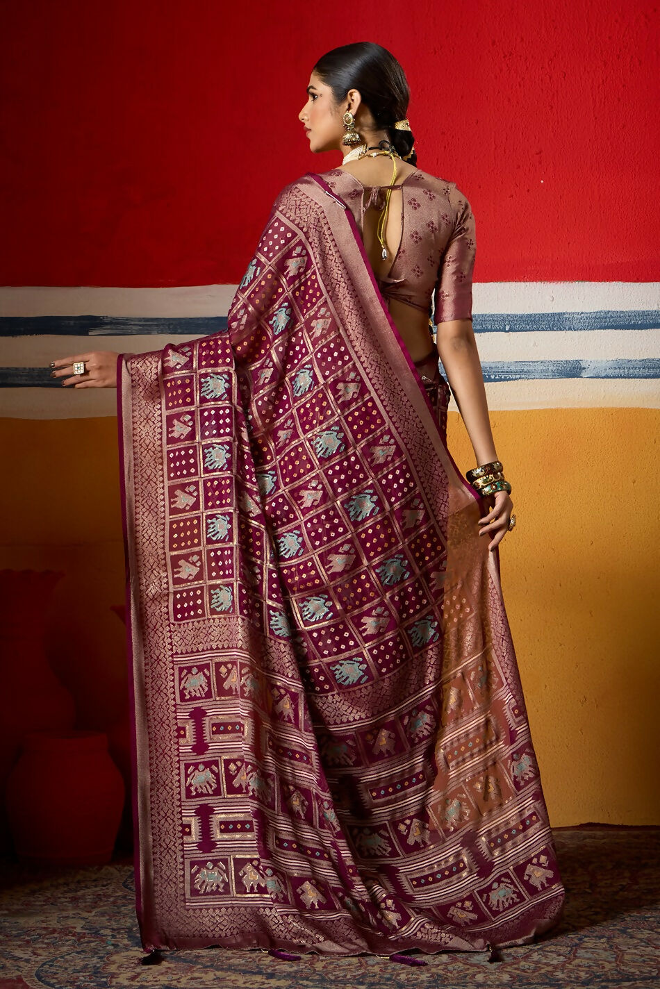 Joban Fashion Wine Dull Moss Brasso Saree | Grocsy