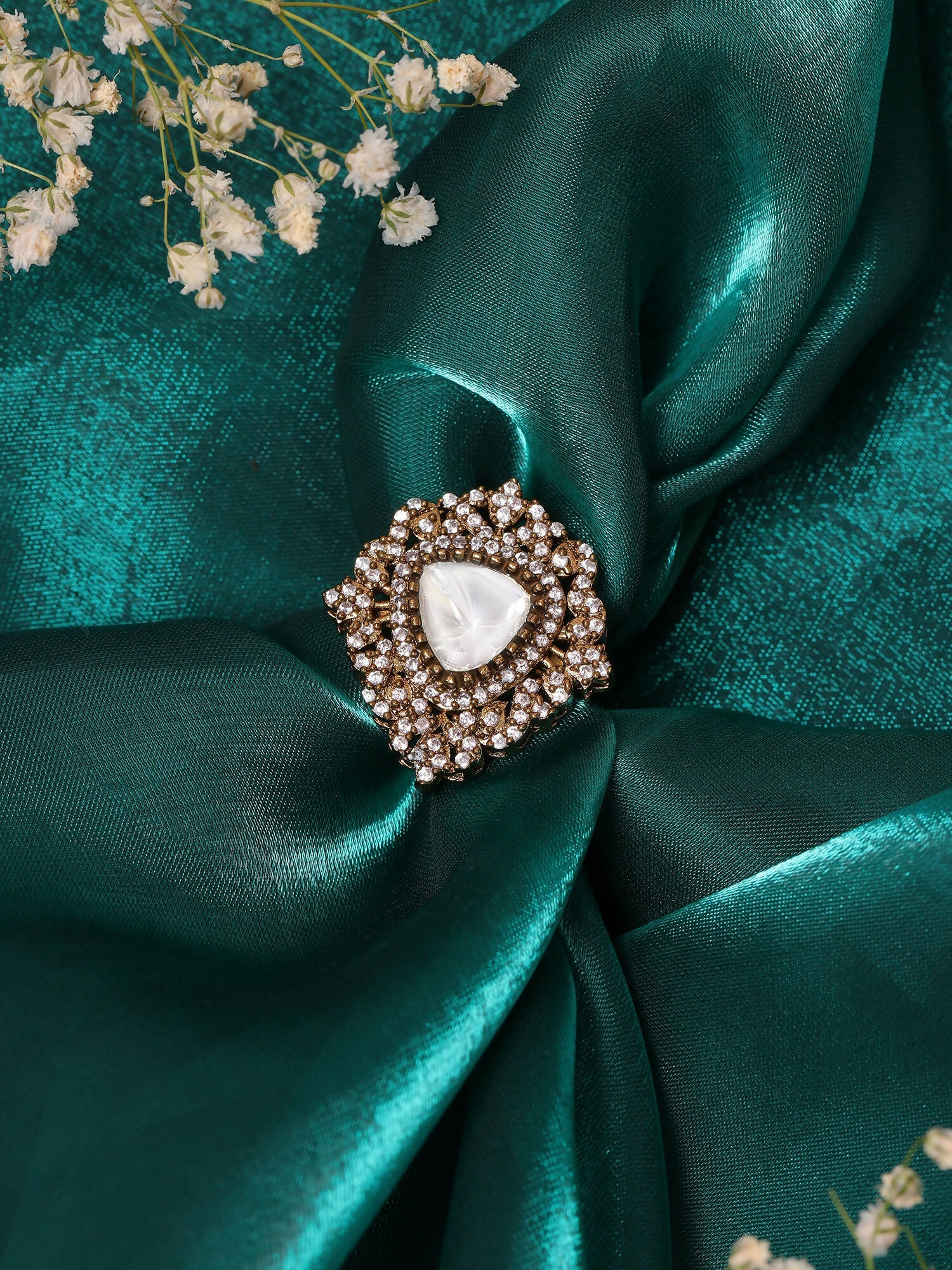 Ruby Raang Festive Gold Polished White Kundan Ring | Grocsy