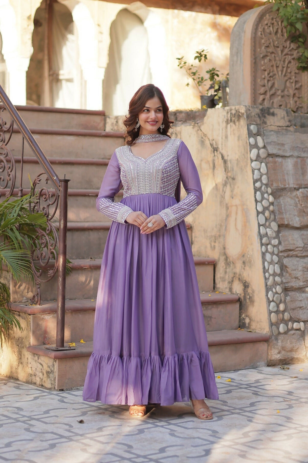 Joban Fashion Lavender Georgette Sequence Embroidery Work Kurta Set | Grocsy
