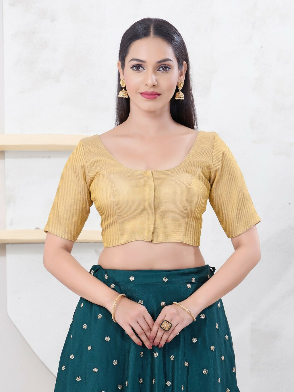 Joban Fashion Gold Tissue Elbow Sleeveless Front Open Blouse | Grocsy