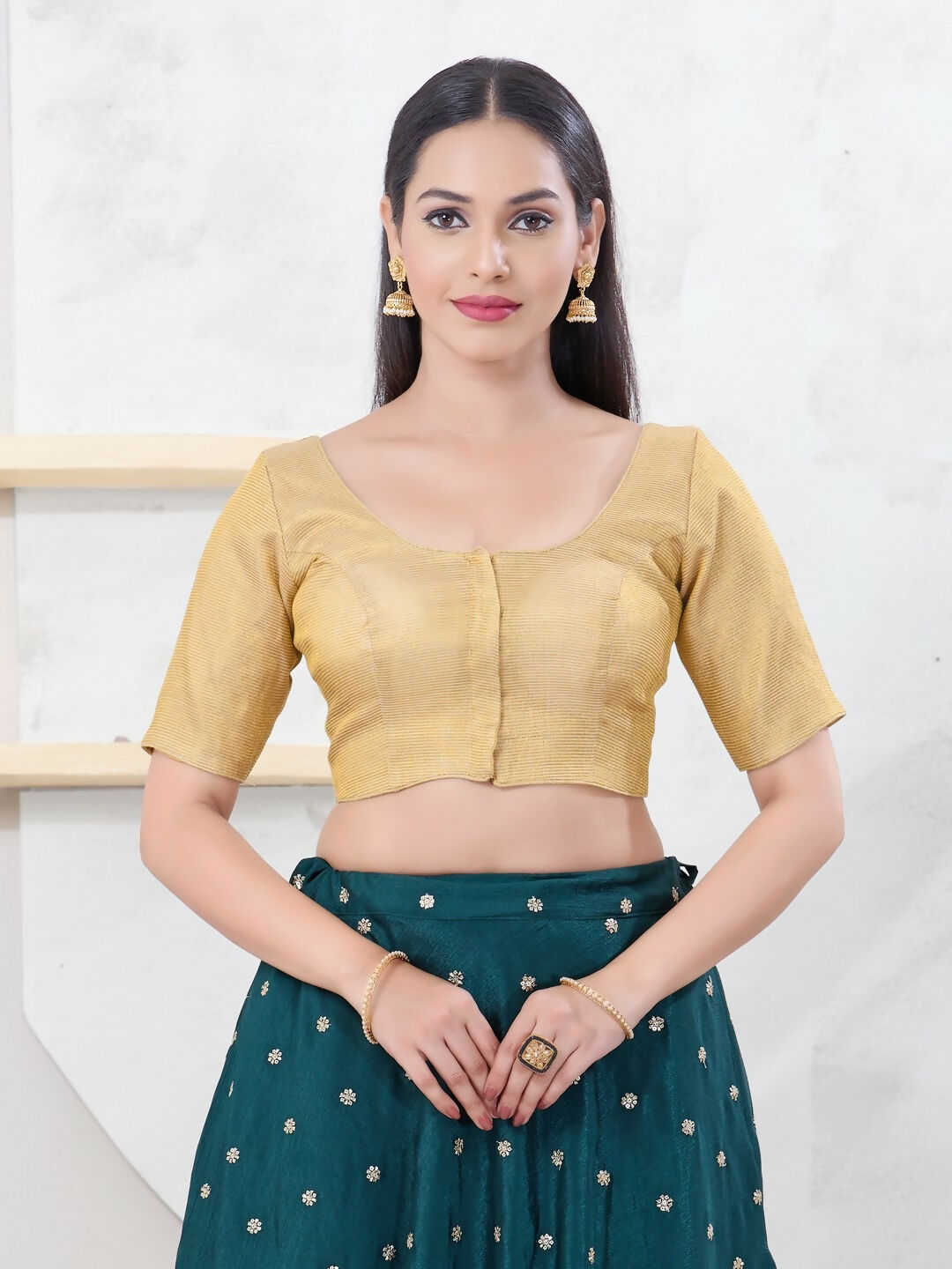Joban Fashion Gold Tissue Elbow Sleeveless Front Open Blouse | Grocsy