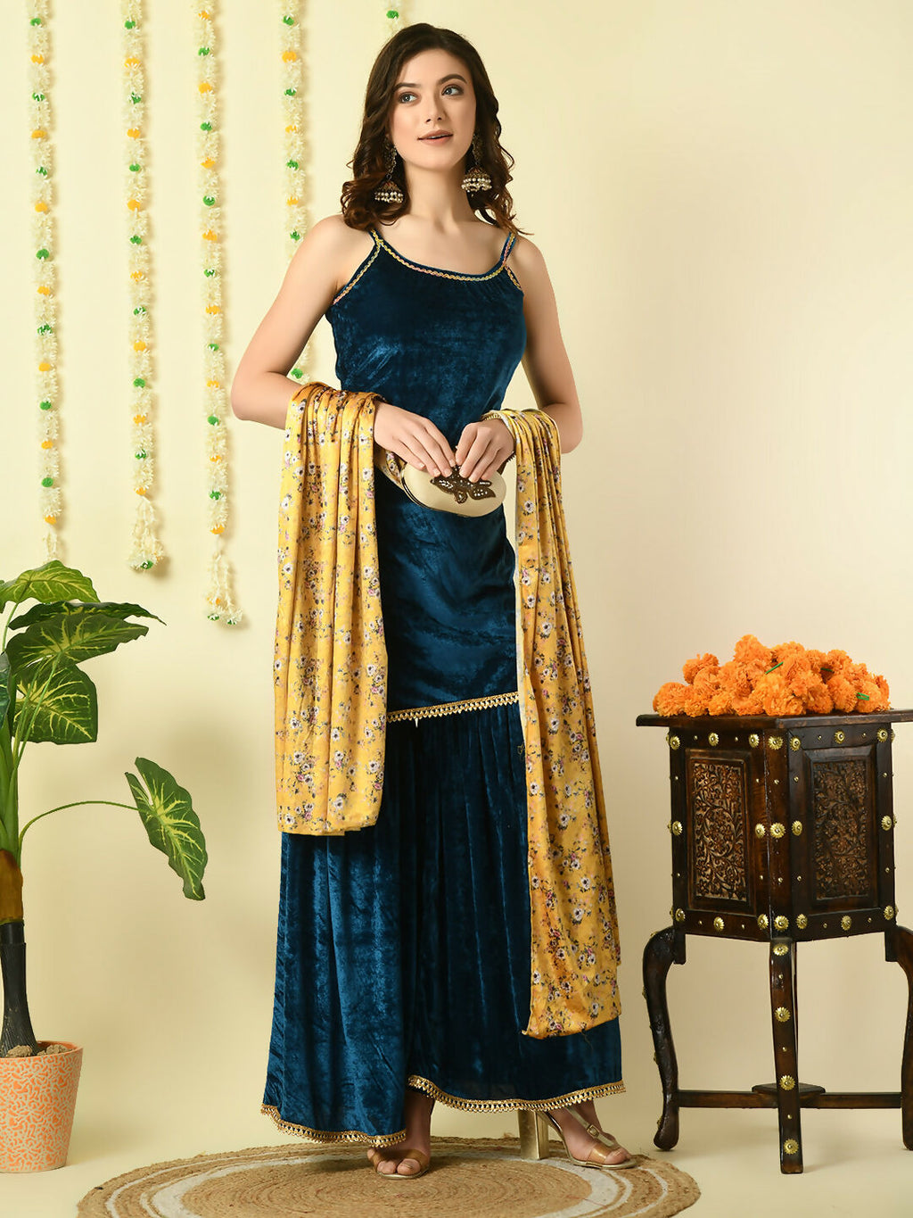 Myshka Women's Teal Velvet Kurti & Sharara With Dupatta Party Sets | Grocsy